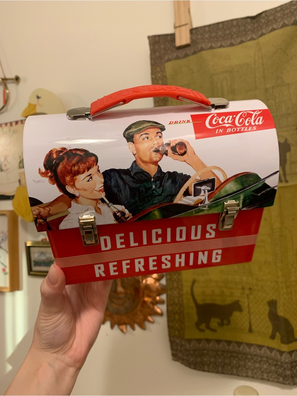 Coca-Cola Red and White Retro Metal Lunchbox with Illustrated Couple